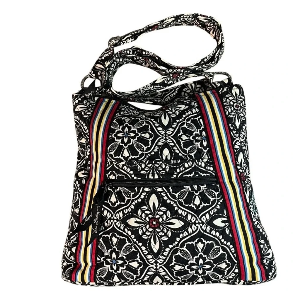 Vera Bradley Midnight Blues Crossbody Bag Black White Floral Quilted Cotton